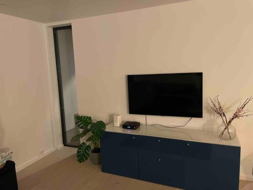 un soggiorno con una TV a schermo piatto su una parete di Exclusive apartment in Kristiansand - Høllen a Kristiansand