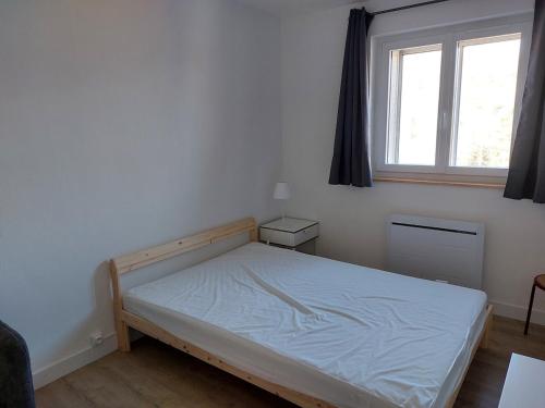 une chambre avec un lit dans une pièce avec une fenêtre dans l'établissement Appartement en plein cœur du Massif du Sancy, à Besse-et-Saint-Anastaise