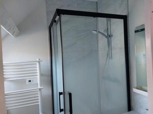 une douche avec une porte vitrée dans une salle de bain dans l'établissement Appartement en plein cœur du Massif du Sancy, à Besse-et-Saint-Anastaise