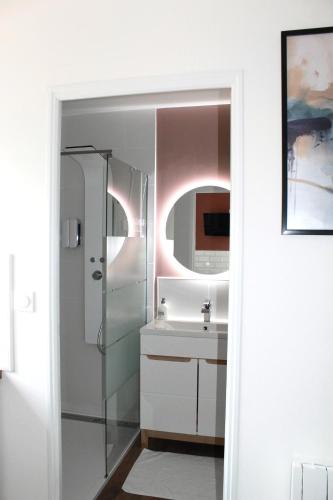 une salle de bain avec un lavabo et un miroir dans l'établissement Résidence privée avec parking sécurisé - 9 personnes, 6 lits, 2 logements, à Malesherbes