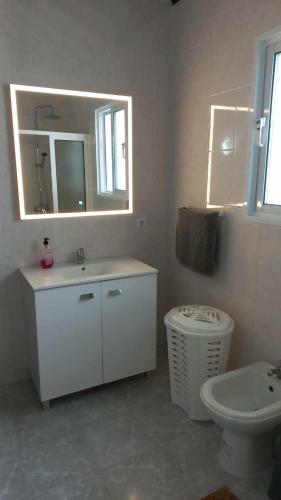 a bathroom with a sink and a toilet and a mirror at Quinta da Baldaia in Rabo de Peixe