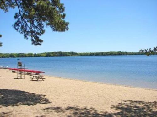 a picnic table on a beach next to the water at Perfect location! Minutes to beaches! Beach pass! in Barnstable