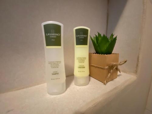 two bottles of sunscreen sitting on a shelf next to a plant at Aruba IXORA Suites in Noord