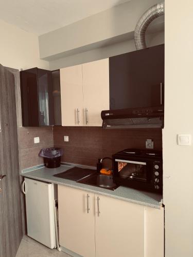 a kitchen with white cabinets and a black microwave at Alpha Apartments 42 in Serres