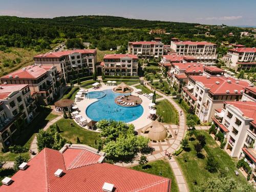 an aerial view of a resort with a swimming pool at Green Line Villa Sozopol in Sozopol