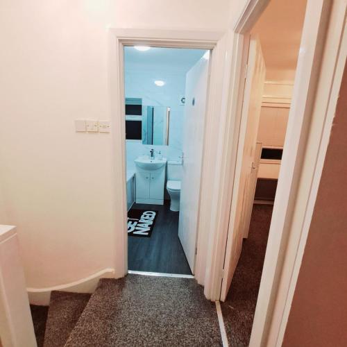 a bathroom with a toilet and a sink at Cozy 2BR Home Leeds Free Parking & Wifi Pets Welcome in Belle Isle