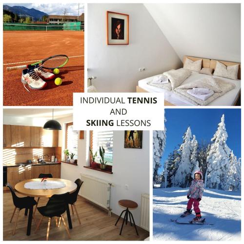 a collage of pictures of a room with a child on skis at Weiss Sport & Relax Apartment in Rečica ob Savinji