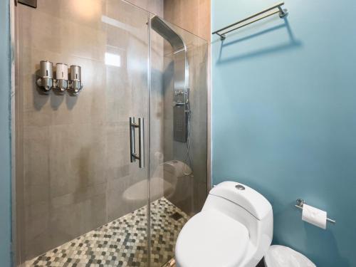 サンファンにあるAquabella 5 Seaside Haven in Isla Verdeのトイレとガラスのシャワー付きのバスルーム