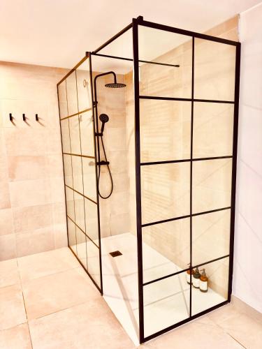 a shower with a glass enclosure in a bathroom at Oboho - Le gîte bohème (Pieds dans l’eau - Lit King Size - Jardin) in Esneux