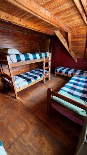 two bunk beds in a room with a wooden ceiling at Hebes House Hostal in Caviahue