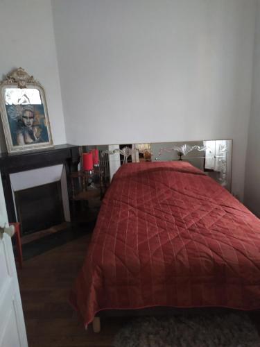 une chambre avec un lit avec une couette rouge dans l'établissement Chambre dans maison bourgeoise 2, à Airvault