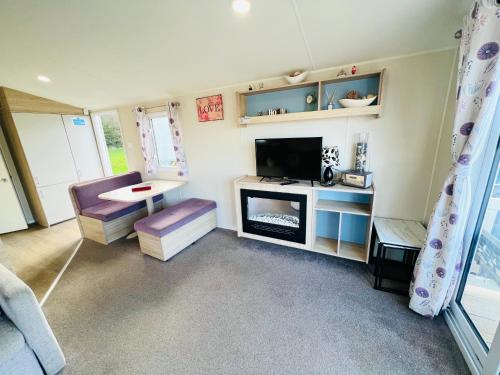 a living room with a fireplace and a television at 3 Bedroom Caravan OG35, Lower Hyde, Shanklin in Shanklin