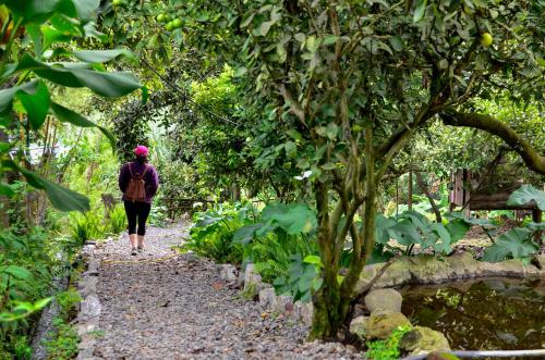 a woman walking down a path in a garden at QuillaGlamping in Píllaro