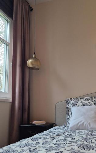a bedroom with a bed and a lamp and a window at Káli Pillangó - Ház a völgyben in Balatonhenye