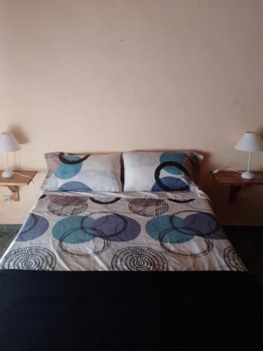 a bedroom with a bed with two pillows at Complejo Conejo in San Antonio de Areco