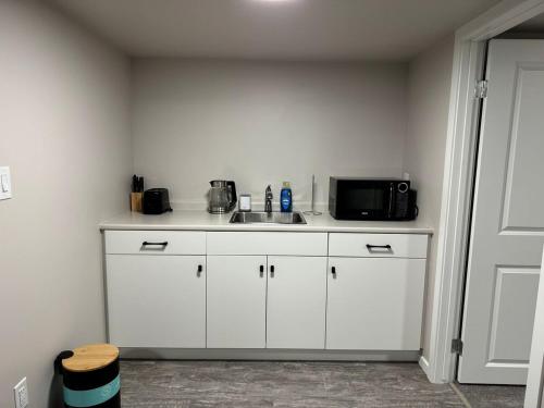 eine Küche mit Spüle und Mikrowelle in der Unterkunft The Cozy Oasis in Winnipeg