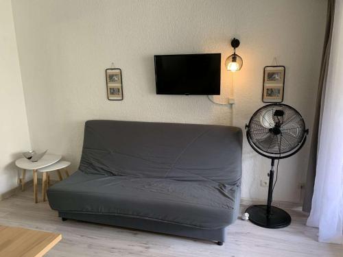 un salon avec un lit et une télévision à écran plat dans l'établissement Studio refait à neuf pour 4 pers. à Port Camargue - FR-1-731-121, au Grau-du-Roi