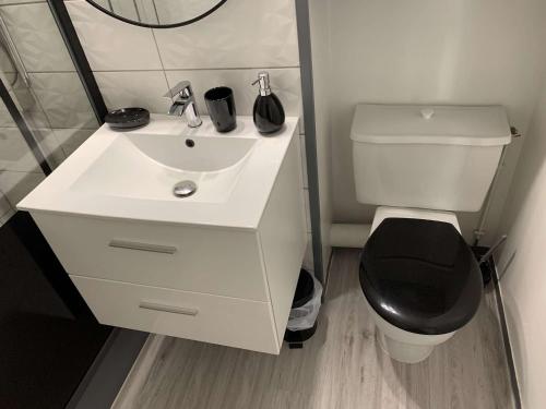 une salle de bain avec un lavabo blanc et des toilettes dans l'établissement Studio refait à neuf pour 4 pers. à Port Camargue - FR-1-731-121, au Grau-du-Roi