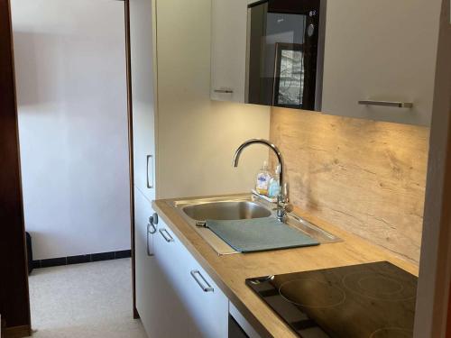 - un comptoir de cuisine avec un évier et un miroir dans l'établissement Bel Appartement 4 Pers avec Clim & Parking, Port Camargue - FR-1-731-119, au Grau-du-Roi