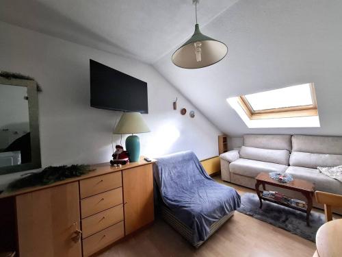 un salon avec un canapé et une télévision dans l'établissement Studio proche pistes avec parking – 2 personnes - FR-1-592-83, à Font-Romeu