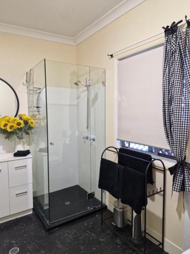 a bathroom with a shower and a glass shower stall at Vibrant & Vintage B & B in Greenmount