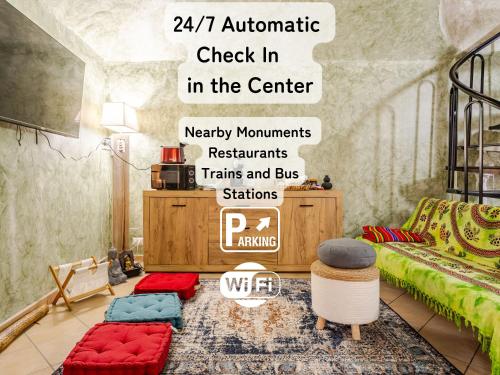 a living room with a sign on the wall at Secret Zen House in the Center W Free Parking and 24Hours Automatic Check-In - With Netflix & DisneyPlus in Casale Monferrato