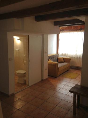 a living room with a toilet and a couch at Hotel Pri Chakara in Arbanasi