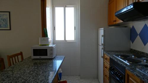 a kitchen with a counter top with a refrigerator and a microwave at Apartamentos Beni-Beach in Benidorm