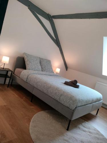 a bed with a dog laying on it in a room at Home Sweet Home WiFi, TV Access, Strasbourg 25min in Wasselonne