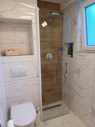 a bathroom with a shower with a toilet at Loni in Klenovica