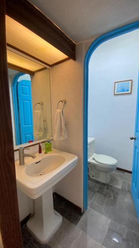 a bathroom with a sink and a toilet and a mirror at beautiful house in Mexico City