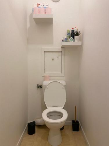 une salle de bain avec des toilettes blanches dans une chambre dans l'établissement Le Garnier - Lyon 7 avec Balcon & Parking Inclus, à Lyon