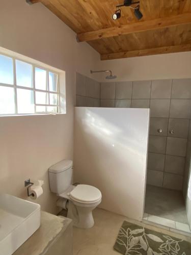a white bathroom with a toilet and a sink at Murchison View Cottage in Gravelotte