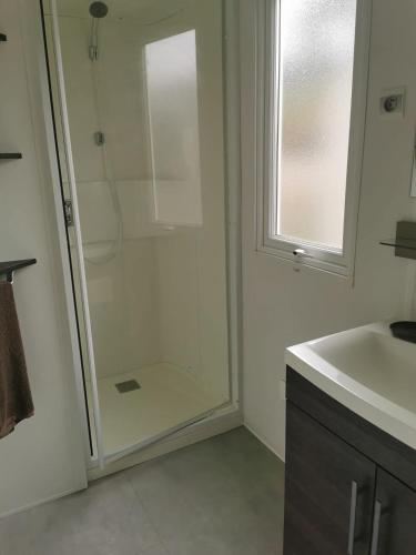 une salle de bain avec douche et lavabo dans l'établissement le lac des rêves camping 4 étoiles, à Lattes