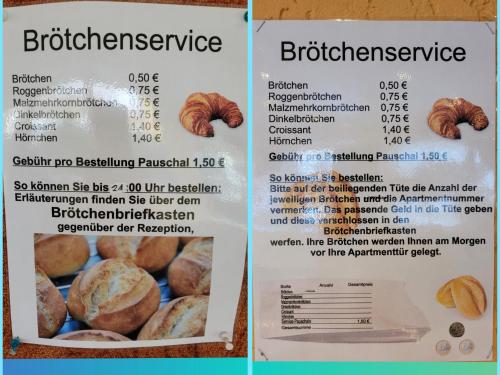 a menu for a bakery with bread and croissants at Apartmenthotel Hohegeiß Kasing MIT FREIEM WLAN und Schwimmbad in Hohegeiß