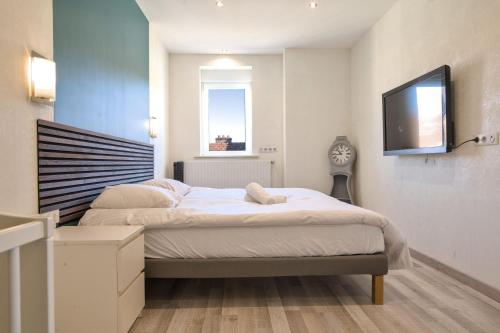 une chambre avec deux lits et une télévision à écran plat dans l'établissement UnSejourAMetz - Gite Metz Chapelle, 3 chambres & Garage, à Metz