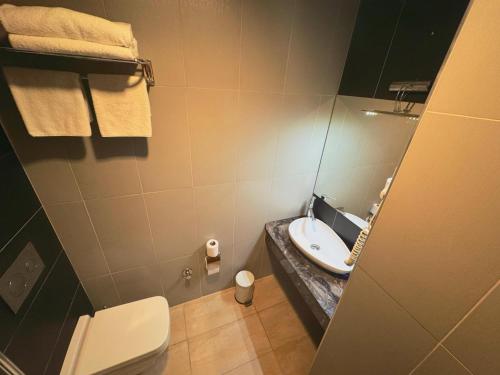 a bathroom with a toilet and a sink at Lounge Hotel in Tuzla