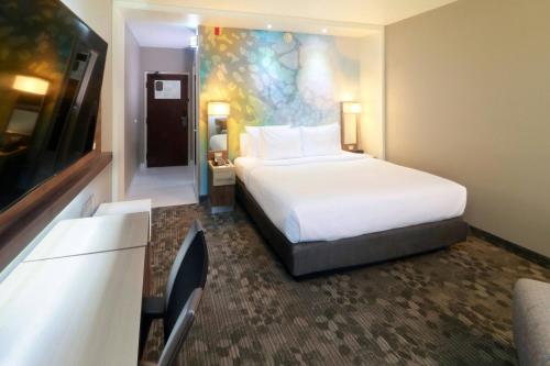 a hotel room with a bed and a flat screen tv at Courtyard Monterrey Airport in Monterrey