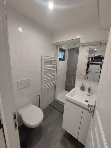 une salle de bain blanche avec des toilettes et un lavabo dans l'établissement Appartement avec terrasse dans la verdure, à Rueil-Malmaison