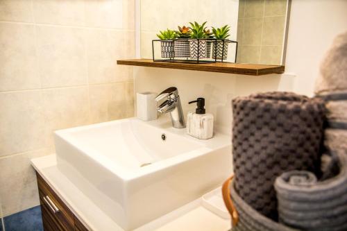 une salle de bain avec un lavabo blanc et un miroir dans l'établissement Studio le Mail Voiron centre, parking gratuit ,Wifi, à Voiron