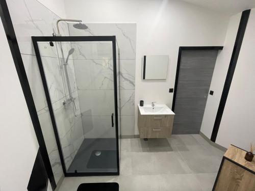 une salle de bain avec douche et lavabo dans l'établissement Maison à la campagne au bord de la ville, à Préguillac