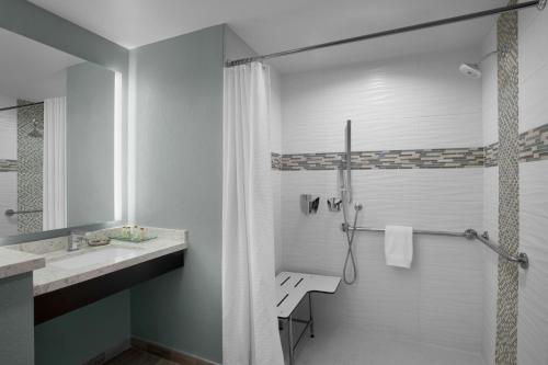 a bathroom with a shower and a sink and a toilet at Renaissance Indianapolis North Hotel in Carmel