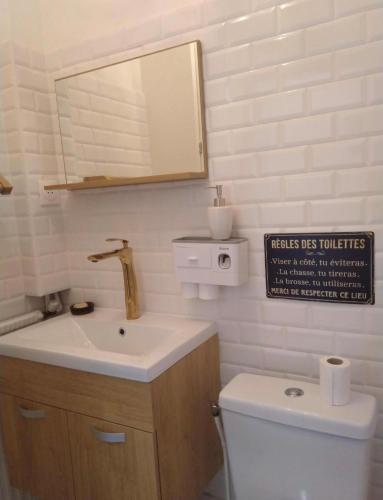 une salle de bain avec toilettes, lavabo et miroir dans l'établissement L'horizon de Trouville - Studio, à Trouville-sur-Mer