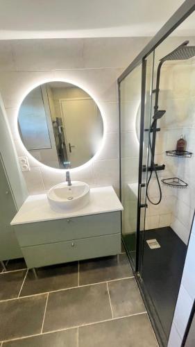 a bathroom with a sink and a mirror at T2 moderne avec piscine, tennis et garage in Cagnes-sur-Mer