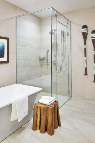 a bathroom with a shower and a sink and a tub at The Del Monte Lodge Renaissance Rochester Hotel & Spa in Rochester