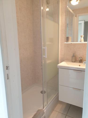 a bathroom with a shower and a sink at Les Restanques du Sud in Le Lavandou