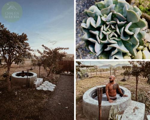 a collage of three pictures of a man sitting in a cactus at Chalés Aurora in Cavalcante