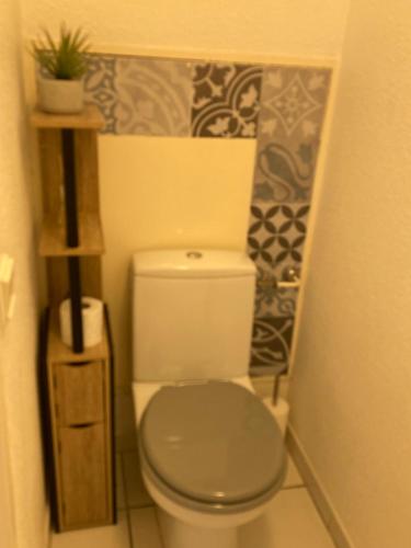 La salle de bains est pourvue de toilettes avec un siège vert. dans l'établissement Appartement front de mer Cavalaire, à Cavalaire-sur-Mer