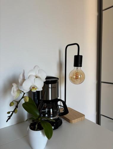 - une cafetière et un vase avec des fleurs sur un comptoir dans l'établissement Bright studio, à Paris
