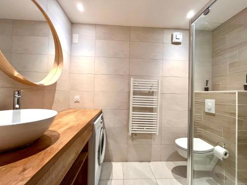 une salle de bain avec un lavabo, des toilettes et un miroir dans l'établissement Superbe Grand Studio avec balcon Intra-Muros, à Saint-Malo